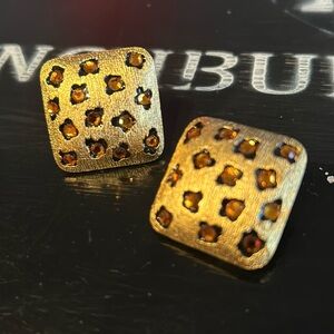 Vtg CRAFT  Brushed Finish Square Earrings Amber Colored Stones Clip-On Earrings